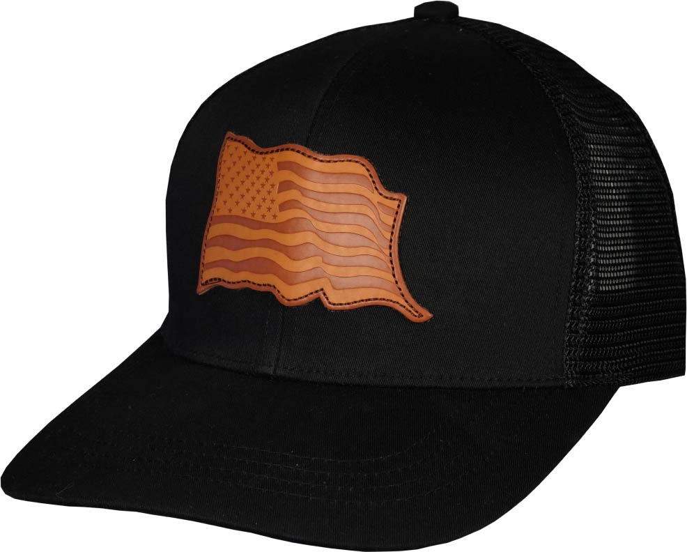 American Flag Leather Patch Black  Ball Cap