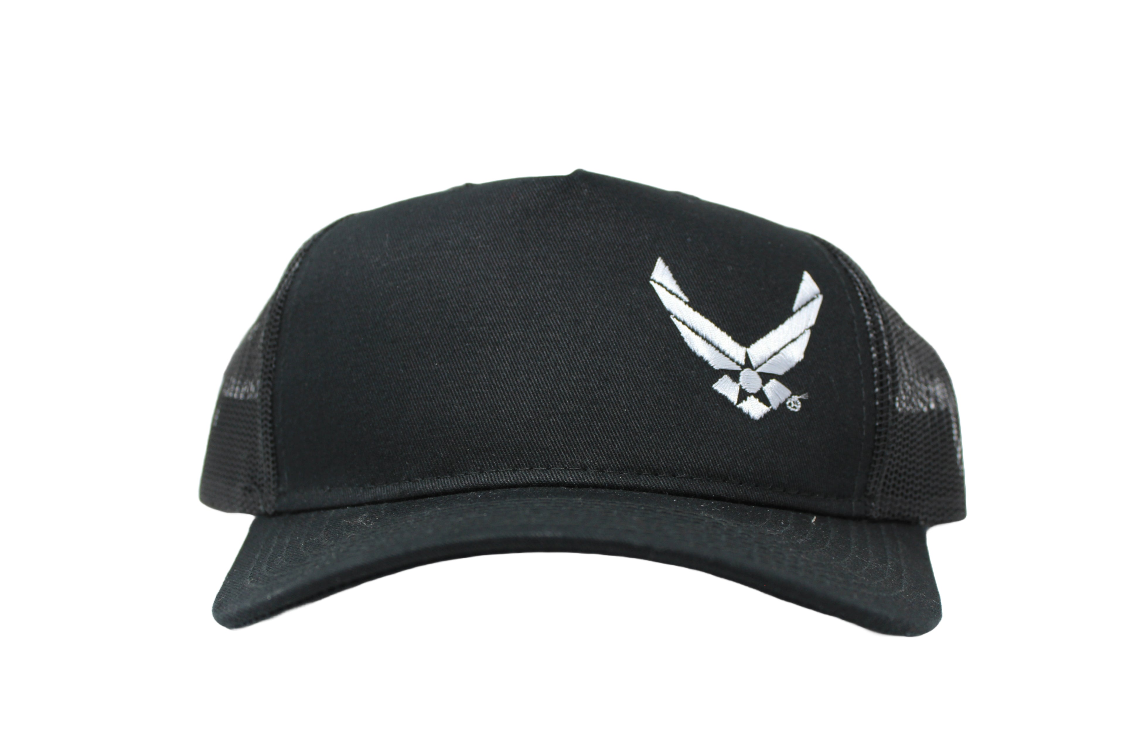 Air Force DEMB on Left Panel on Black  Snapback Trucker Cap