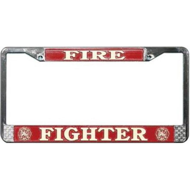 Fire Fighter White on Red, Chrome License Plate Frame