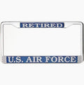 Retired U.S. Air Force in Silver on Blue, Chrome License Plate Frame