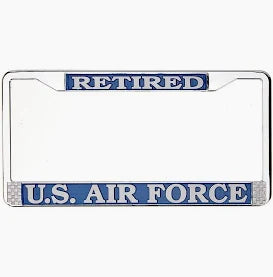 Retired U.S. Air Force in Silver on Blue, Chrome License Plate Frame